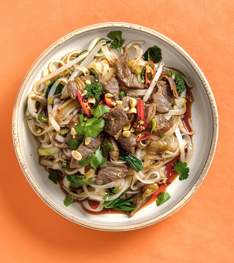 Firecracker Beef noodles in a bowl