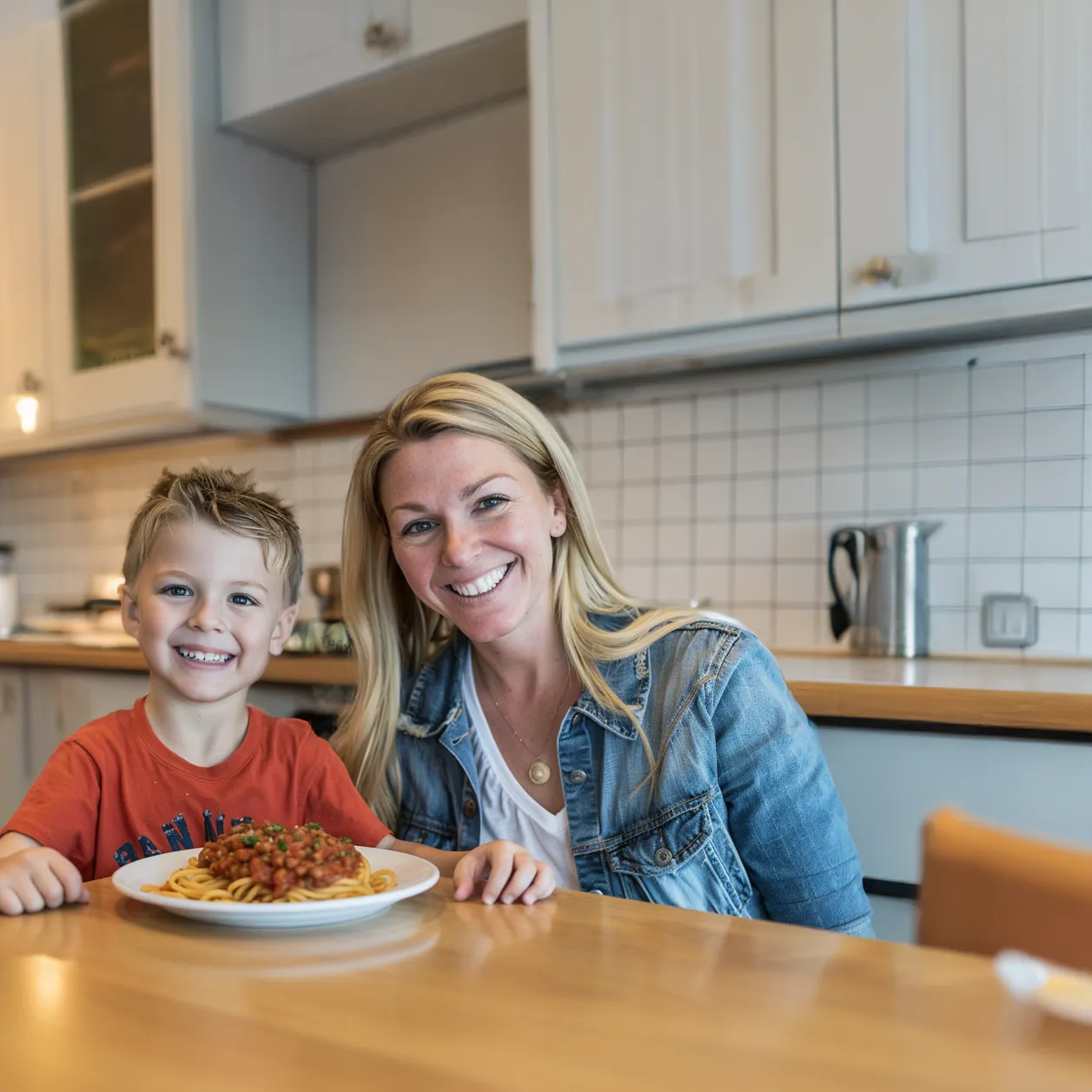 Mother and son in the kitchen eating spagetti