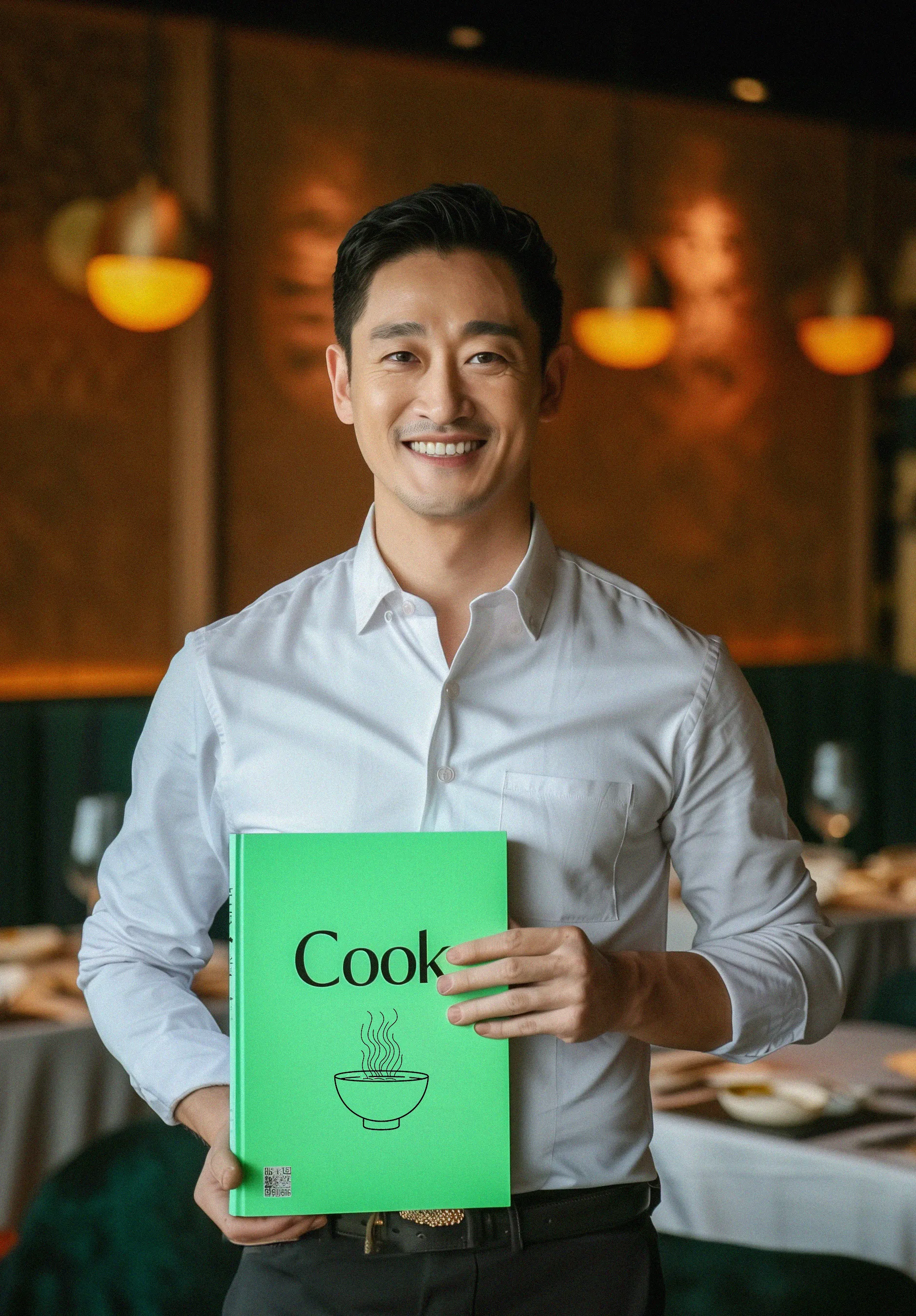 Asian man in restaurant holding cookbook