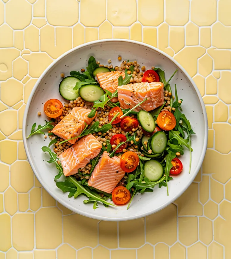 Salmon buckwheat salad in a bowl