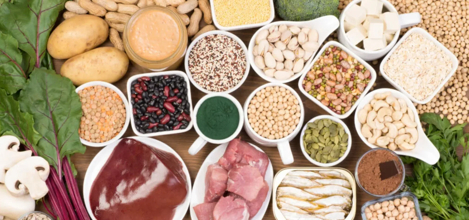 Range of fresh fruits and nuts and meat