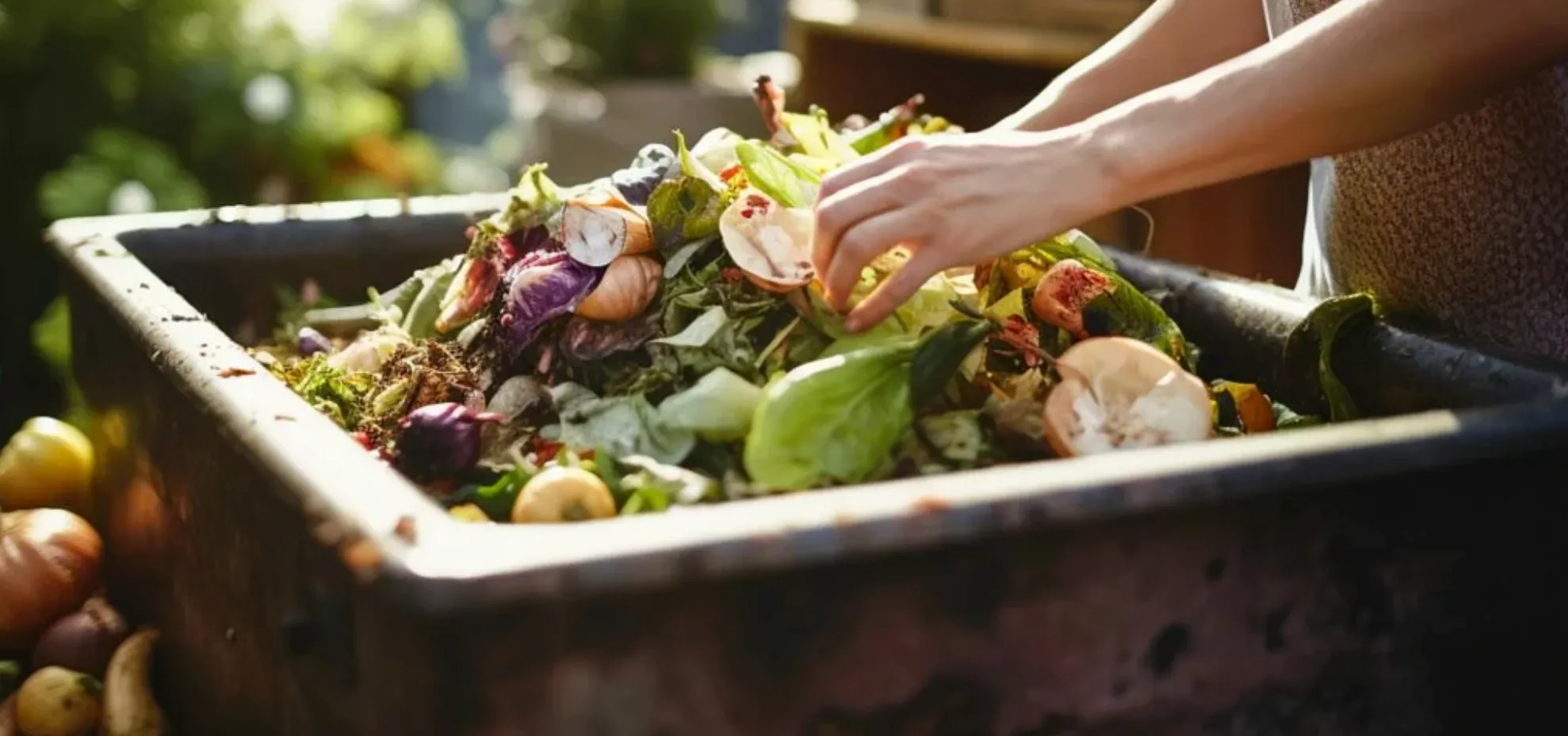 Hands in compost bin with food waste